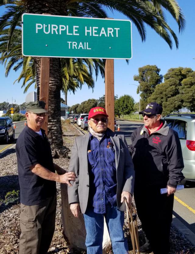 Legionnaires Manny Concepcion (Vietnam Purple Heart & CA Post 603), Luther Hendricks (WWII Congressional Gold Medal & CA Post 603), and Gary Savelli (Vietnam Purple Heart & CA Post 550) show off the City of Vallejo's third Purple Heart Trail sign that was dedicated on Pearl Harbor Day 2017.