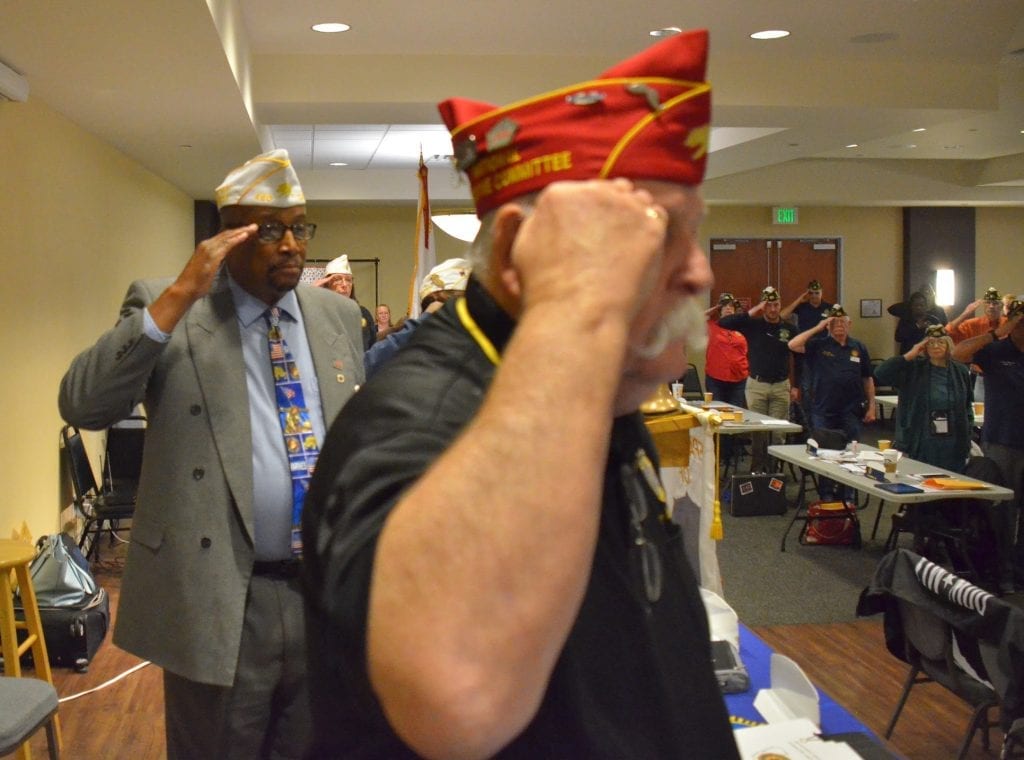 California NECman Larry Van Kuran and Commander Ed Grimsley render salute during the Department Executive Committee meeting on Sunday, March 15, 2020. (Photo: Henry Sanchez, Department Historian 2019-20)
