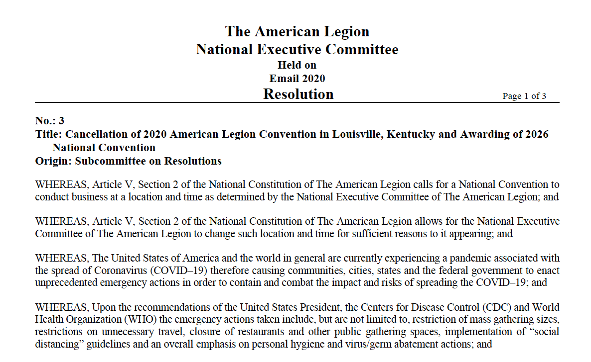 Resolution #3 2020: Cancellation of 2020 American Legion Convention in Louisville, Kentucky and Awarding of 2026 National Convention