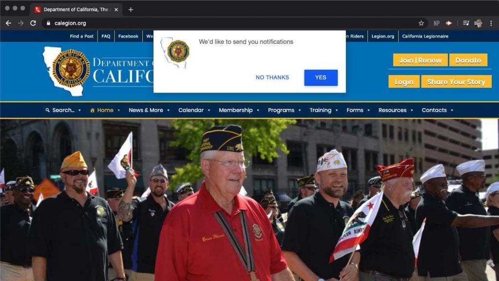 Click "Yes" to receive notifications (caLegion.org screenshot)