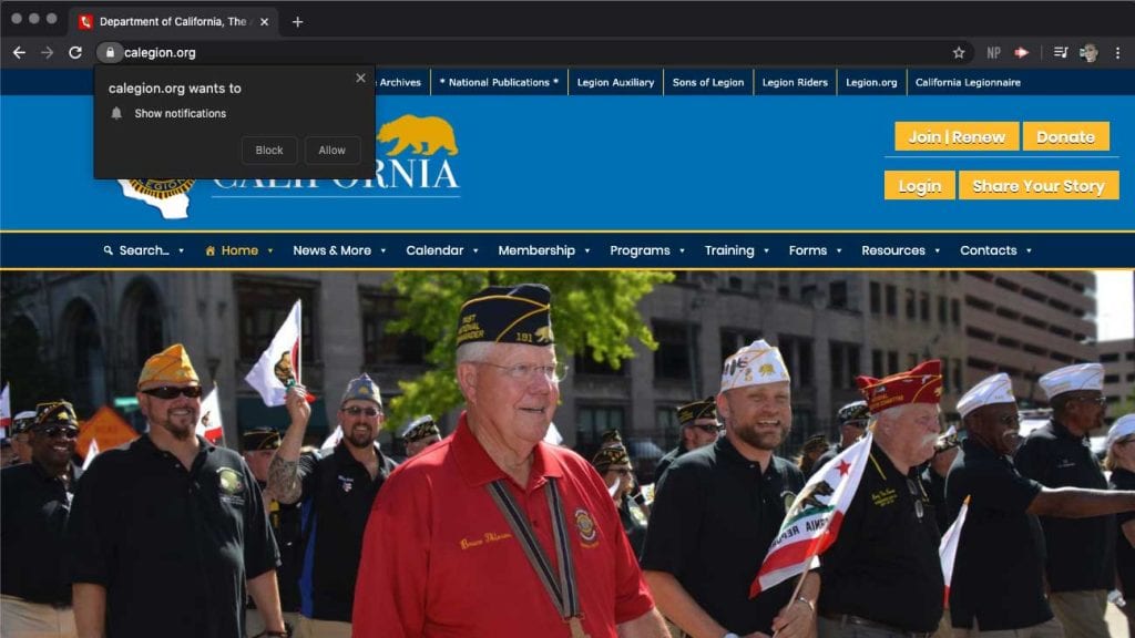 Click "Allow" to receive notifications (caLegion.org screenshot)
