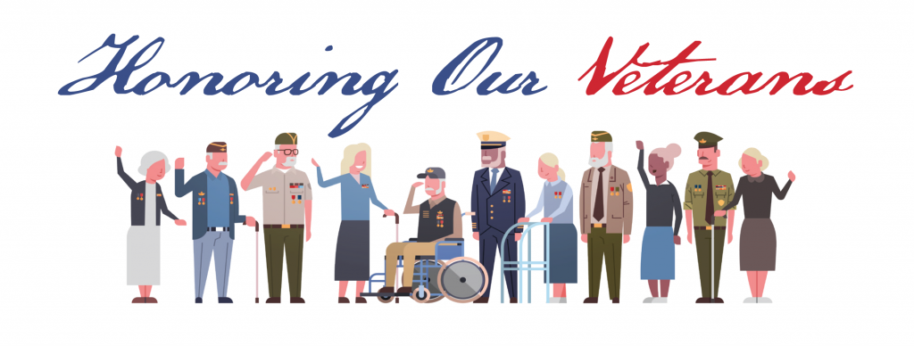 words "honoring our veterans" with cartoon figures of veterans