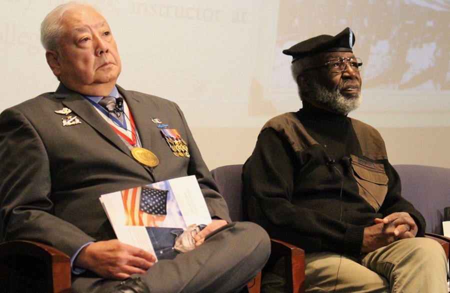 Army veterans Vincent Okamoto, left, and James McEachin take questions during a World War II forum at the 19th annual American Veterans Center Veterans Conference & Honors and National Youth Leadership Summit in Washington, D.C., on Saturday, Nov. 5, 2016.