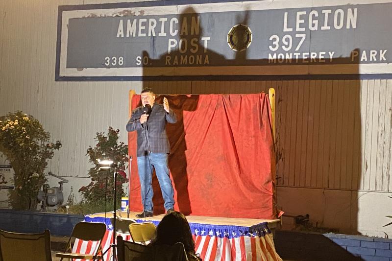 Comedian Fernando Sanchez warms up attendees of American Legion Post 397's comedy night Oct. 10. The Monterey Park, Cal. post has turned to events like this to raise money during the pandemic. (Photo: Robert Garrova, American Homefront Project)