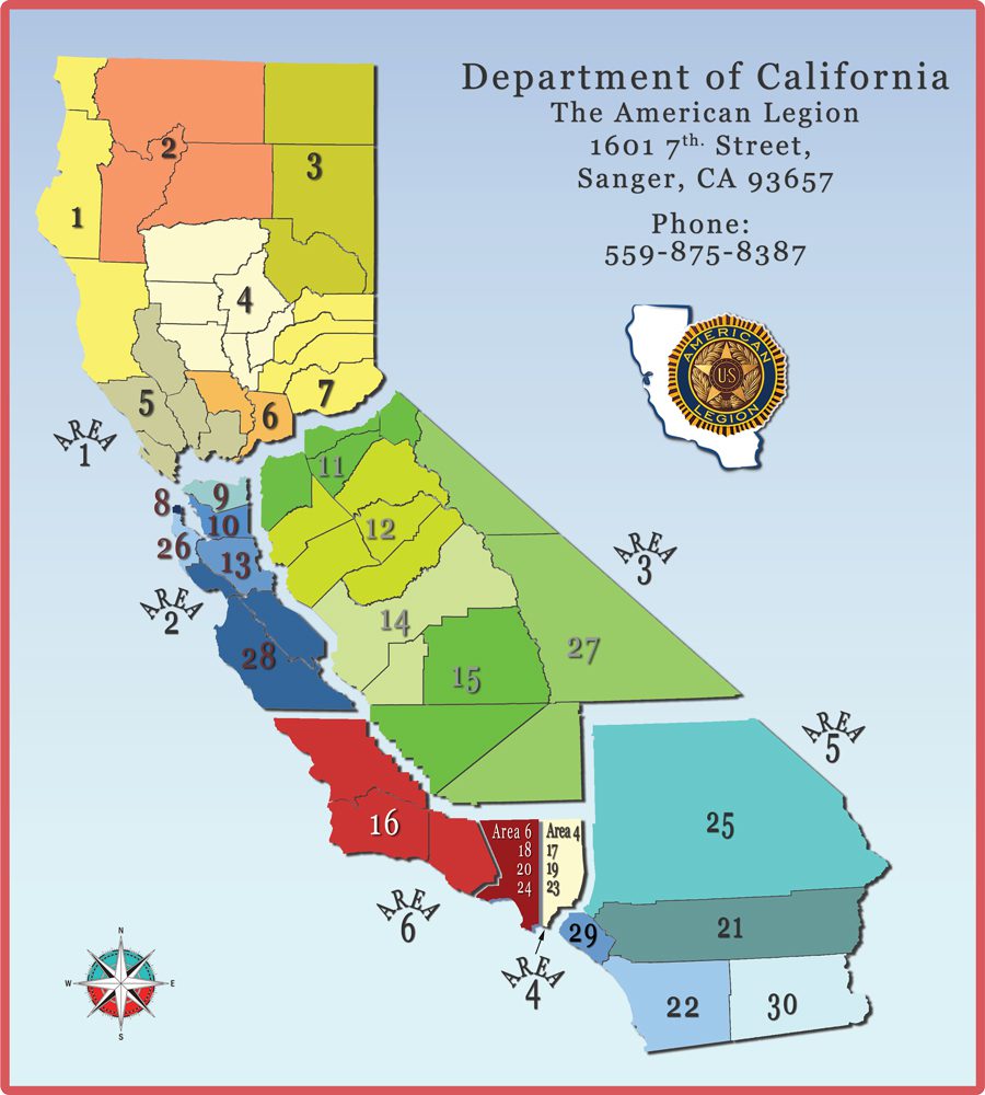 Department of California map showing our 6 Areas and 30 Districts