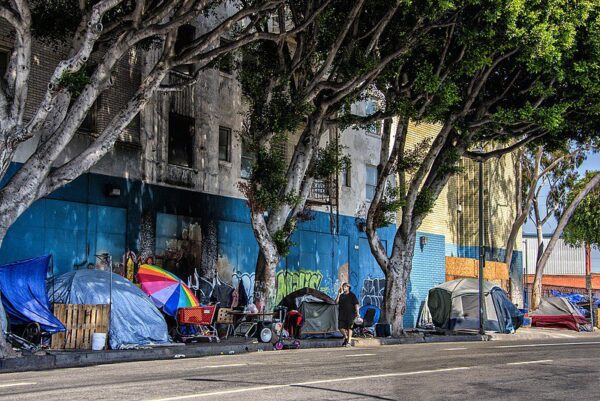 tents and trash set up on Skid Row in Los Angeles