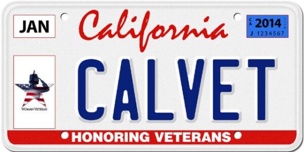 California license plate with Honoring Our Women Veterans decal