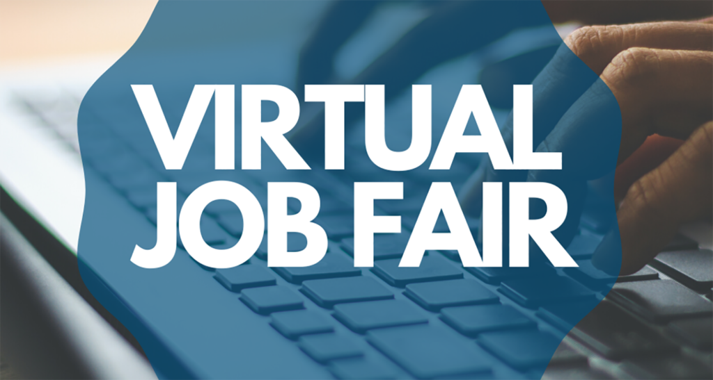 hands on laptop keyboard with "virtual job fair" overlay"