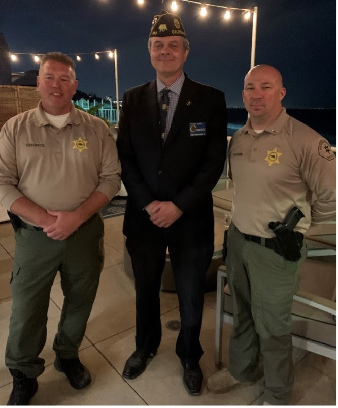 Lt. Geoff Deedrick and Lt. William Ketcham of the Los Angeles County Sheriff’s Department join Ronald Reagan-Palisades Post 283 Commander Jim Cragg following a briefing to the Post membership.