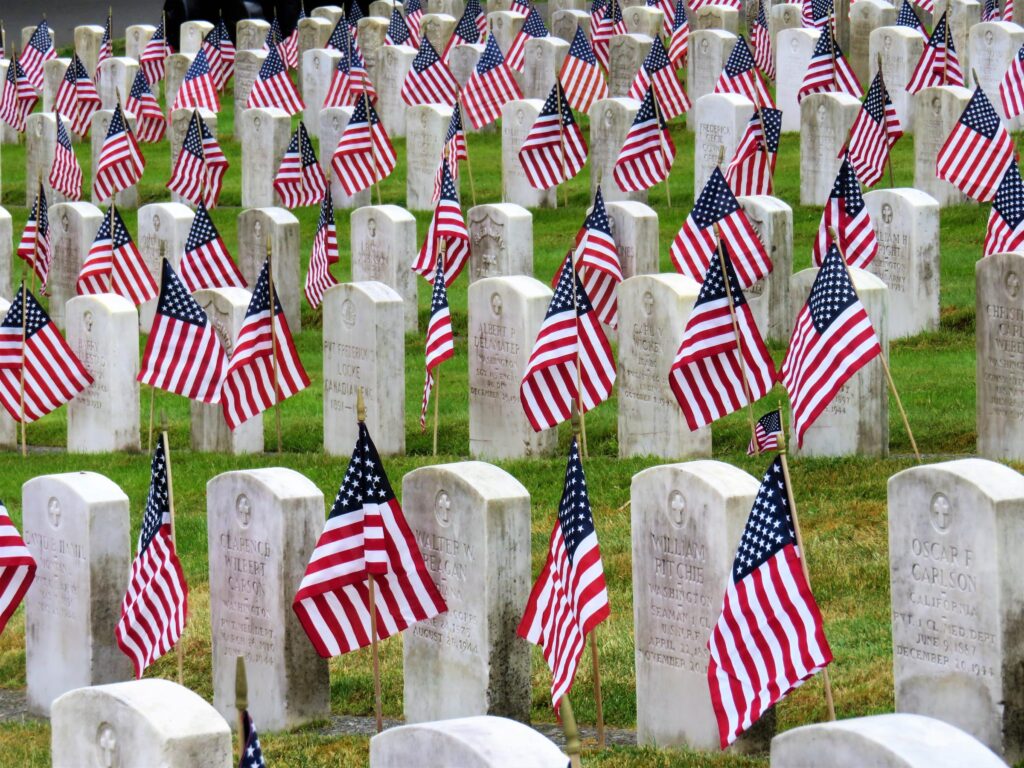 Memorial Day-American flag planed near grave stones