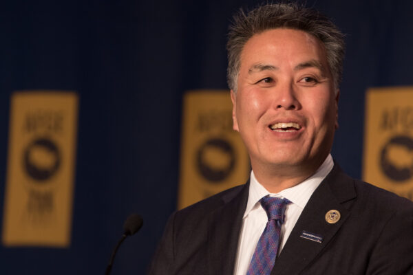 Chairman Mark Takano speaking at an AFGE event in DC