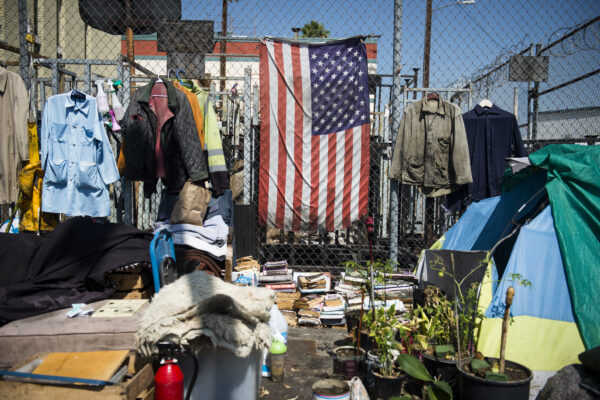 piles of belongings owned by homeless veterans on Skid Row in Los Angeles