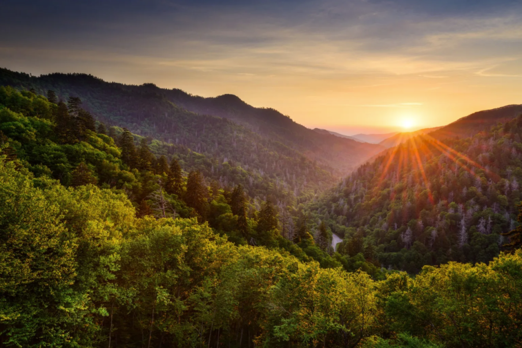 Mountains covered in many lush green trees with a sunset peaking out over one of the mountains