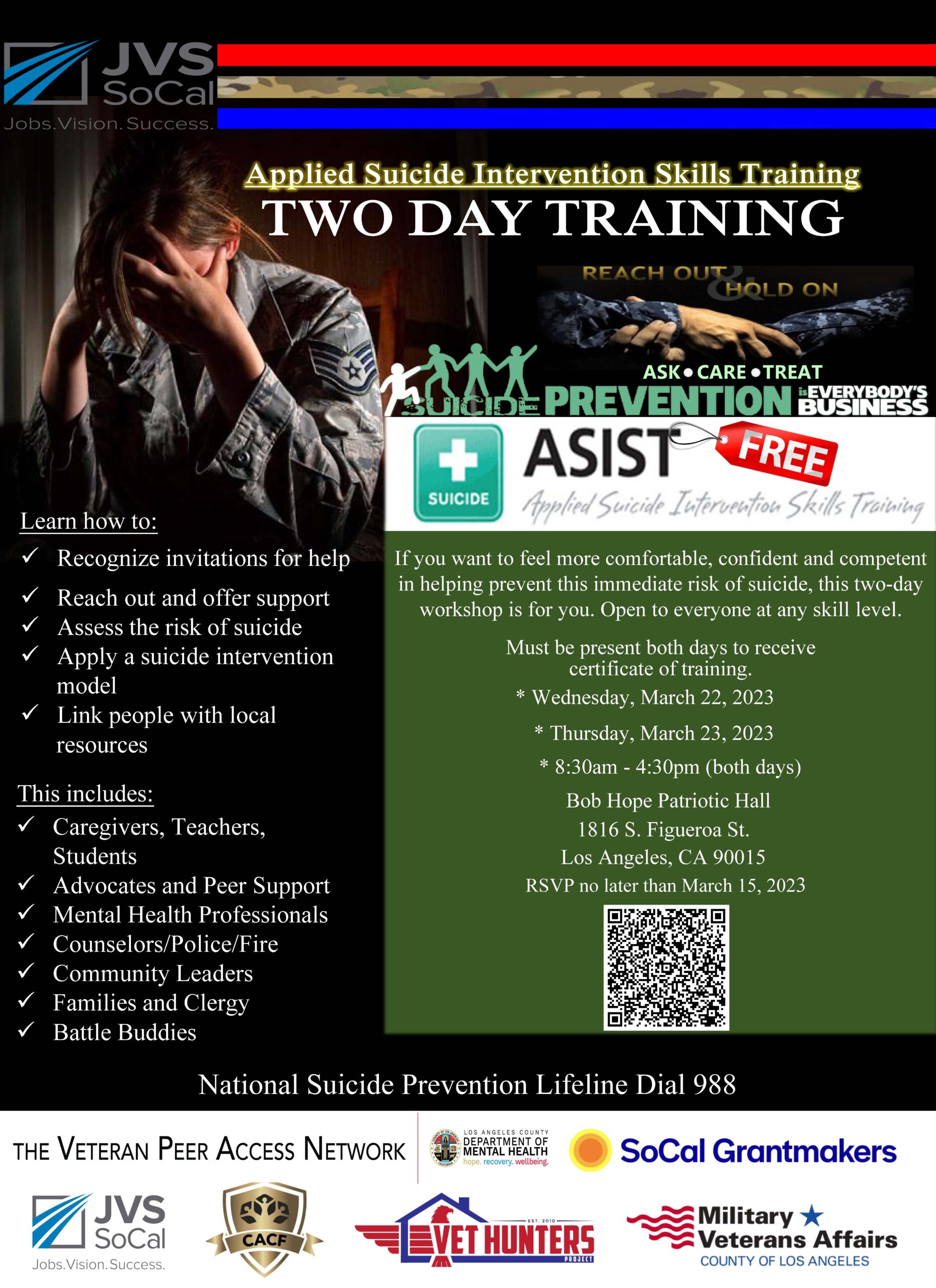 JVS Suicide Intervention Bob Hope Patriotic Hall ASIST Training 22 and 23 March 2023