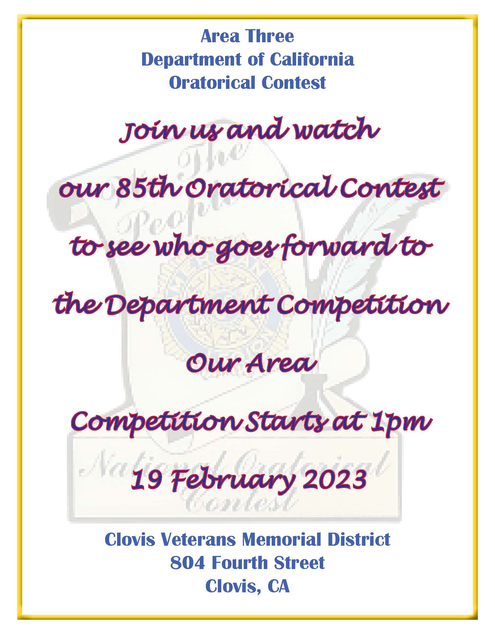 Area 3 Department of California Oratorical Contest flyer