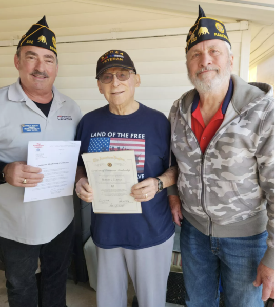 Commanders Van Meter and Thweatt Honor Robert L. Currier with 60-Year Continuous Service Certificate (Photo: Ramona American Legion)