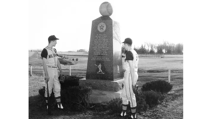 A monument marks Milbank, South Dakota, as the birthplace of American Legion Baseball on July 17, 1925. The organization, the monument reads, "was first proposed as a program of service to the youth of America." (Courtesy Birch-Miller American Legion Post No. 9)