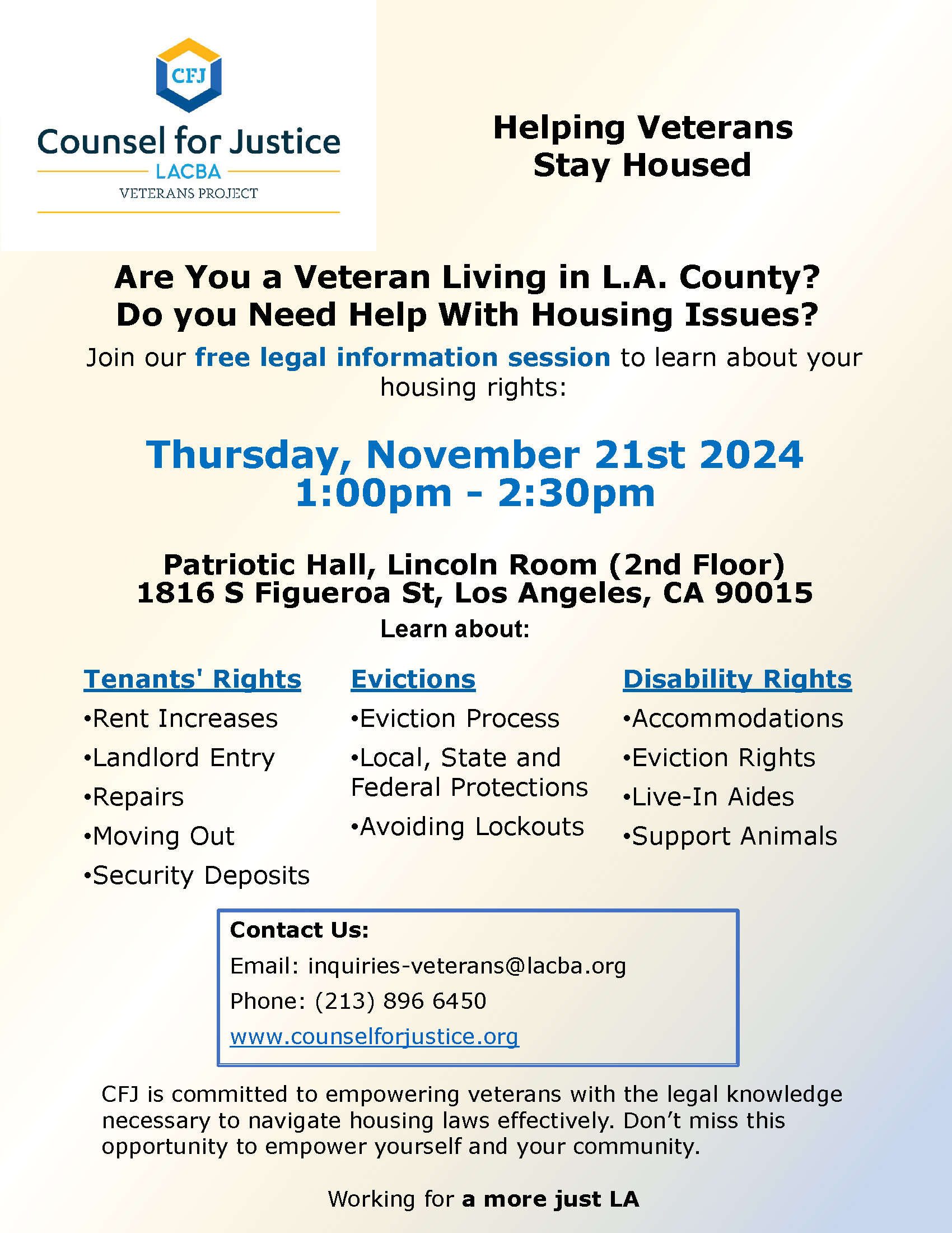 Helping Veterans Stay Housed - Free Legal Information Session